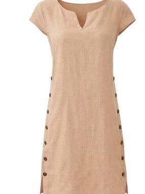 Coastal Grandma Linen Blend Neutral Shift Dress Button Detail S/M